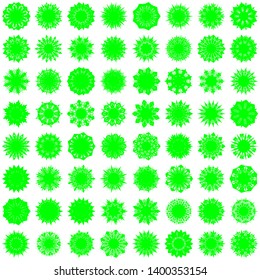 Green Flowers / Pseudo-Snowflakes on white background. Sharp set of 64 items. 9 (nine) angles. - Vector