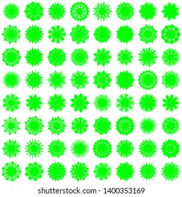 Green Flowers / Pseudo-Snowflakes on white background. Sharp set of 64 items. 9 (nine) angles. - Vector