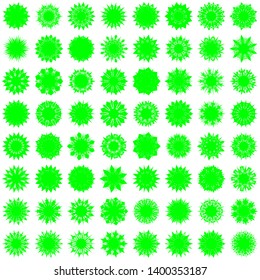 Green Flowers / Pseudo-Snowflakes on white background. Sharp set of 64 items. 9 (nine) angles. - Vector