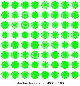 Green Flowers / Pseudo-Snowflakes on white background. Sharp set of 64 items. 9 (nine) angles. - Vector