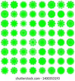 Green Flowers / Pseudo-Snowflakes on white background. Sharp set of 64 items. 9 (nine) angles. - Vector