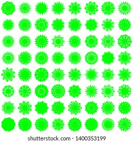 Green Flowers / Pseudo-Snowflakes on white background. Sharp set of 64 items. 9 (nine) angles. - Vector