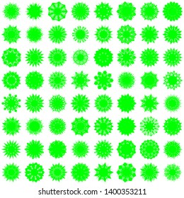 Green Flowers / Pseudo-Snowflakes on white background. Sharp set of 64 items. 9 (nine) angles. - Vector