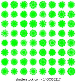 Green Flowers / Pseudo-Snowflakes on white background. Sharp set of 64 items. 9 (nine) angles. - Vector