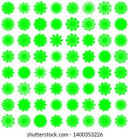 Green Flowers / Pseudo-Snowflakes on white background. Sharp set of 64 items. 9 (nine) angles. - Vector