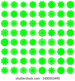 Green Flowers / Pseudo-Snowflakes on white background. Sharp set of 64 items. 8 (eight) angles. - Vector