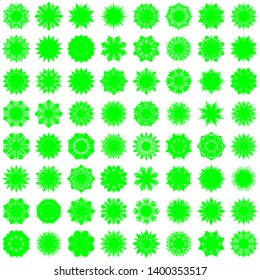 Green Flowers / Pseudo-Snowflakes on white background. Sharp set of 64 items. 8 (eight) angles. - Vector