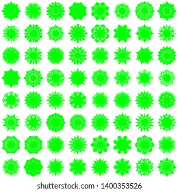 Green Flowers / Pseudo-Snowflakes on white background. Sharp set of 64 items. 8 (eight) angles. - Vector