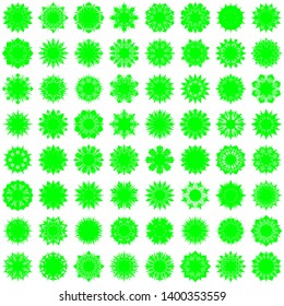 Green Flowers / Pseudo-Snowflakes on white background. Sharp set of 64 items. 8 (eight) angles. - Vector