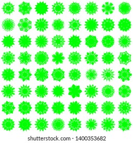 Green Flowers / Pseudo-Snowflakes on white background. Sharp set of 64 items. 7 (seven) angles. - Vector