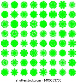 Green Flowers / Pseudo-Snowflakes on white background. Sharp set of 64 items. 8 (eight) angles. - Vector