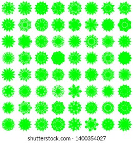 Green Flowers / Pseudo-Snowflakes on white background. Sharp set of 64 items. 7 (seven) angles. - Vector