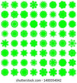 Green Flowers / Pseudo-Snowflakes on white background. Sharp set of 64 items. 7 (seven) angles. - Vector