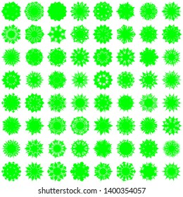 Green Flowers / Pseudo-Snowflakes on white background. Sharp set of 64 items. 7 (seven) angles. - Vector