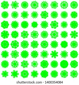 Green Flowers / Pseudo-Snowflakes on white background. Sharp set of 64 items. 7 (seven) angles. - Vector
