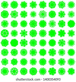 Green Flowers / Pseudo-Snowflakes on white background. Sharp set of 64 items. 7 (seven) angles. - Vector