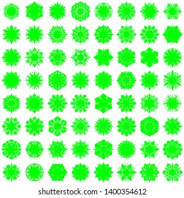 Green Flowers / Pseudo-Snowflakes on white background. Sharp set of 64 items. 6 (six) angles. - Vector