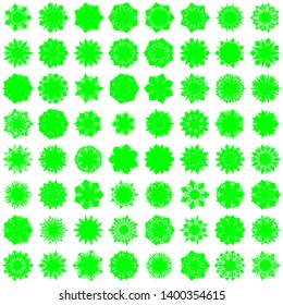 Green Flowers / Pseudo-Snowflakes on white background. Sharp set of 64 items. 7 (seven) angles. - Vector