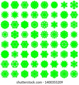 Green Flowers / Pseudo-Snowflakes on white background. Sharp set of 64 items. 6 (six) angles. - Vector