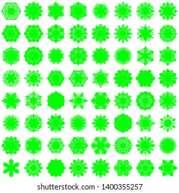Green Flowers / Pseudo-Snowflakes on white background. Sharp set of 64 items. 6 (six) angles. - Vector