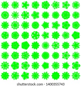 Green Flowers / Pseudo-Snowflakes on white background. Sharp set of 64 items. 5 (five) angles. - Vector