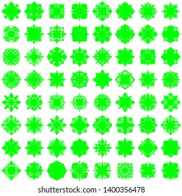 Green Flowers / Pseudo-Snowflakes on white background. Sharp set of 64 items. 4 (four) angles. - Vector