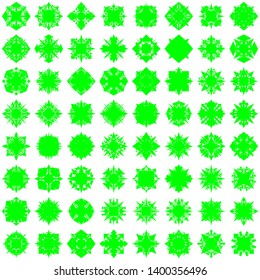 Green Flowers / Pseudo-Snowflakes on white background. Sharp set of 64 items. 4 (four) angles. - Vector