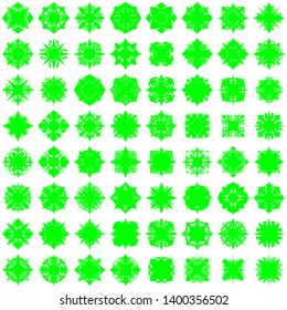 Green Flowers / Pseudo-Snowflakes on white background. Sharp set of 64 items. 4 (four) angles. - Vector