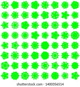 Green Flowers / Pseudo-Snowflakes on white background. Sharp set of 64 items. 5 (five) angles. - Vector