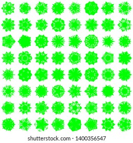 Green Flowers / Pseudo-Snowflakes on white background. Sharp set of 64 items. 5 (five) angles. - Vector