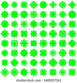 Green Flowers Pseudo-Snowflakes on white background. Sharp set of 100 items.   Vector