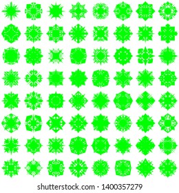 Green Flowers Pseudo-Snowflakes on white background. Sharp set of 100 items.   Vector