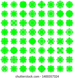 Green Flowers Pseudo-Snowflakes on white background. Sharp set of 100 items.   Vector