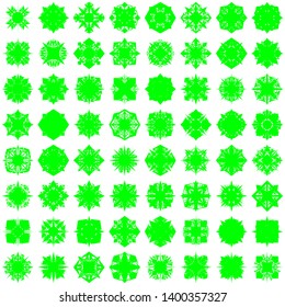 Green Flowers Pseudo-Snowflakes on white background. Sharp set of 100 items.   Vector