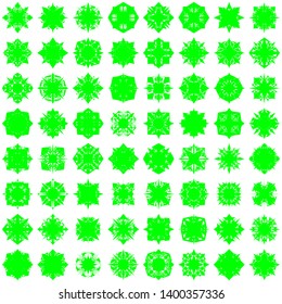 Green Flowers Pseudo-Snowflakes on white background. Sharp set of 100 items.   Vector