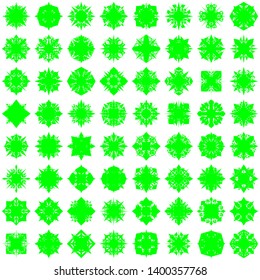 Green Flowers Pseudo-Snowflakes on white background. Sharp set of 100 items.   Vector