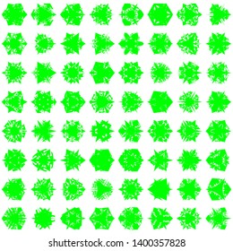 Green Flowers Pseudo-Snowflakes on white background. Sharp set of 100 items.   Vector