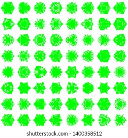 Green Flowers / Pseudo-Snowflakes on white background. Sharp set of 64 items. 3 (three) angles. - Vector