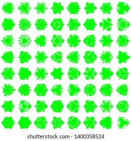 Green Flowers / Pseudo-Snowflakes on white background. Sharp set of 64 items. 3 (three) angles. - Vector