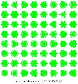 Green Flowers / Pseudo-Snowflakes on white background. Sharp set of 64 items. 3 (three) angles. - Vector