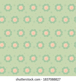 Green flowers and stars on green background, seamless vector pattern.