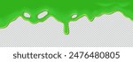 Green flowing toxic slime. Liquid wave of paint or sauce on transparent background. 3d realistic vector illustration. Halloween design. Flowing molten clot. Top horizontal border of the frame