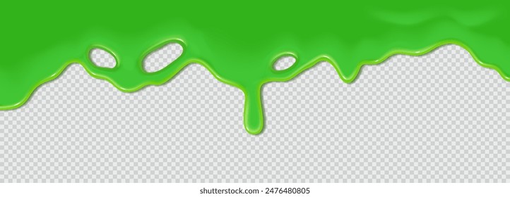 Green flowing toxic slime. Liquid wave of paint or sauce on transparent background. 3d realistic vector illustration. Halloween design. Flowing molten clot. Top horizontal border of the frame