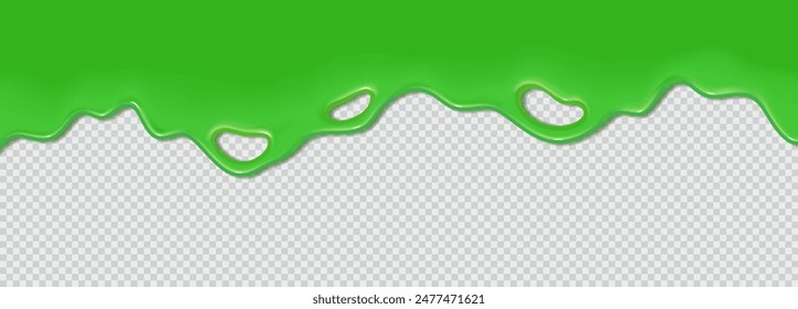 Green flowing toxic slime. Liquid wave of paint or sauce on transparent background. 3d realistic vector illustration. Halloween design. Flowing molten clot. Top horizontal border of the frame