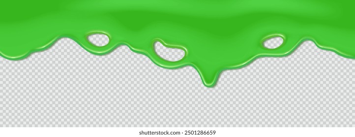 Green flowing toxic slime. Liquid wave of paint or sauce on transparent background. 3d realistic vector illustration. Halloween design. Flowing molten clot. Top horizontal border of the frame