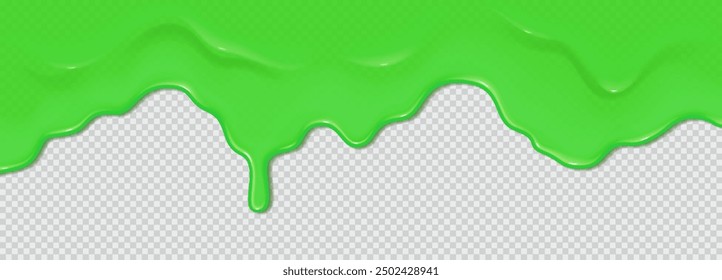 Green flowing toxic slime. Liquid wave of paint or sauce on transparent background. 3d realistic vector illustration. Halloween design. Flowing molten clot. Top horizontal border of the frame