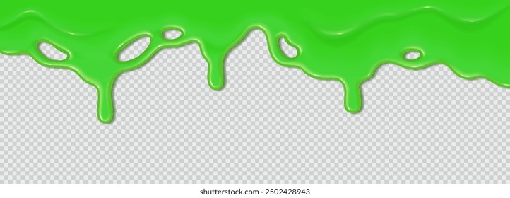 Green flowing toxic slime. Liquid wave of paint or sauce on transparent background. 3d realistic vector illustration. Halloween design. Flowing molten clot. Top horizontal border of the frame