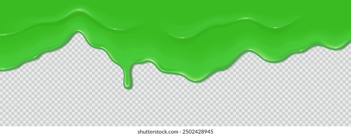 Green flowing toxic slime. Liquid wave of paint or sauce on transparent background. 3d realistic vector illustration. Halloween design. Flowing molten clot. Top horizontal border of the frame