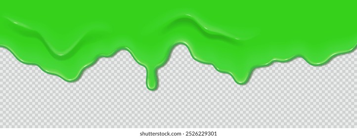 Verde fluindo lodo tóxico. Onda líquida de tinta ou molho sobre fundo transparente. Ilustração de vetor 3d realista. Design de Halloween. Coágulo fundido fluido. Borda horizontal superior do quadro