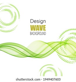 Green flowing wave lines on white background with halftone circles design element